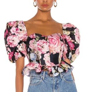 HEMANT & NANDITA Black and Pink Floral Puff Sleeve Top